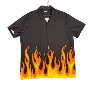 Vintage Jotook XL Black Flame Print Short Sleeve Button Down Shirt Fire Graphic